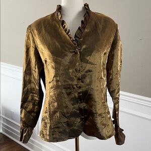 Bianca Nygard Petite Gold Button-Up Blouse with Ruffle Trim, Size 10P, Vintage